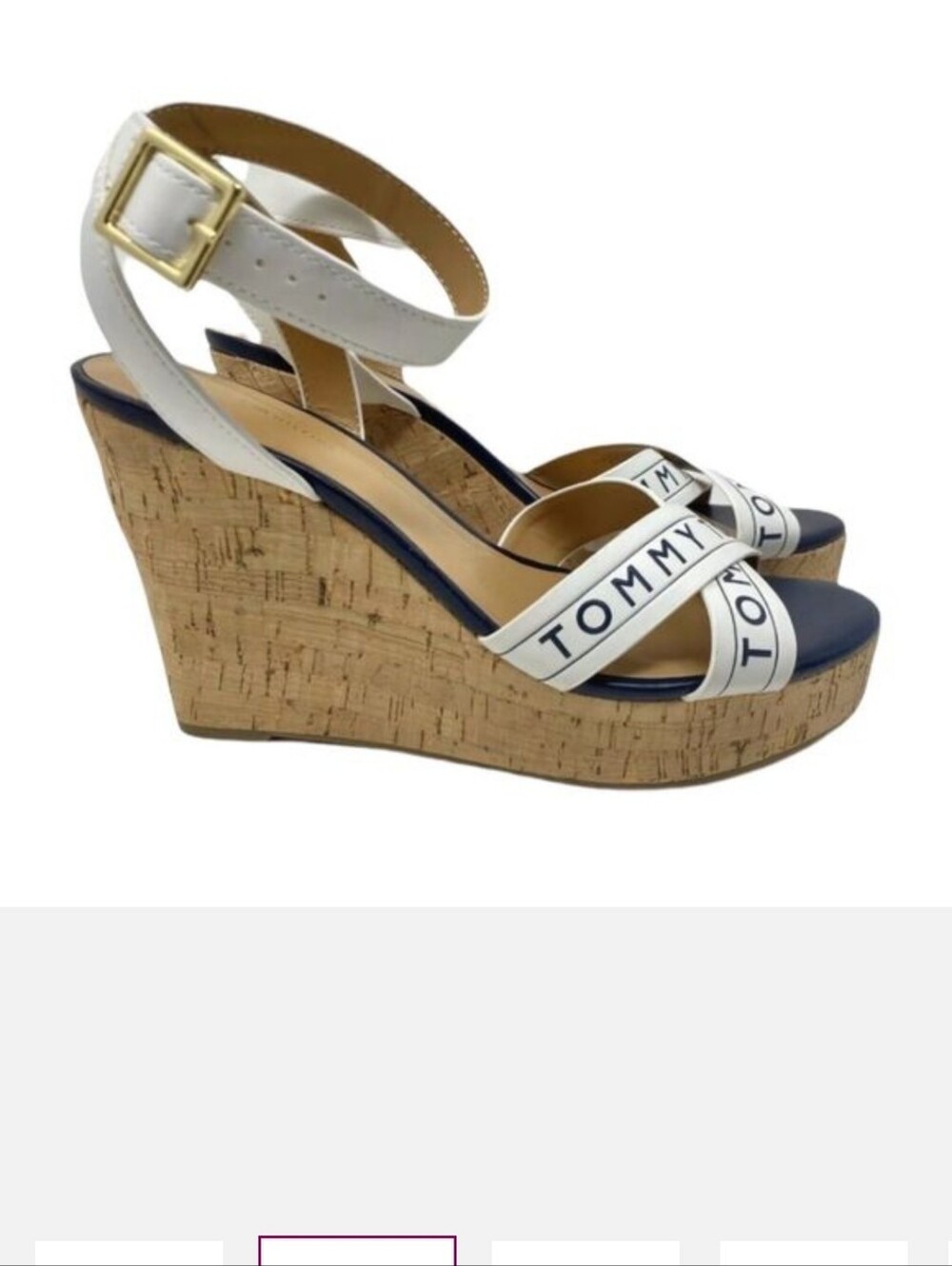 Tommy Hilfiger Sandals Womens 9.5 White Wedge Ankle Strap Buckle‎ Logo Open Toe - Picture 2 of 7